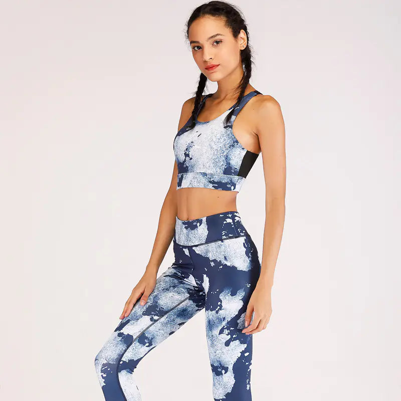 Women's Ocean Print Yoga Fitness Set, Moisture-Wicking
